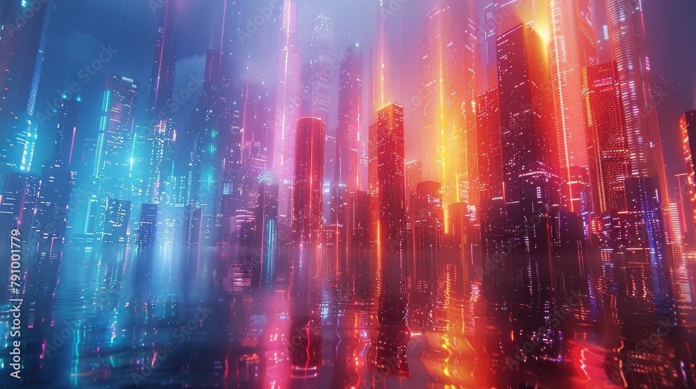 Futuristic cityscape with neon lights and dramatic sunset reflecting in water