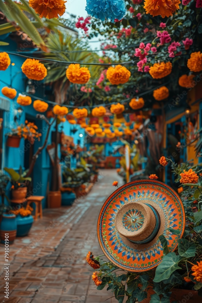 Vibrant street decorated with flowers and hanging ornaments
