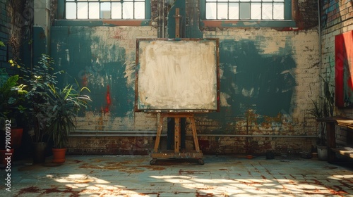 Old artist studio with weathered easel and chair in an abandoned room