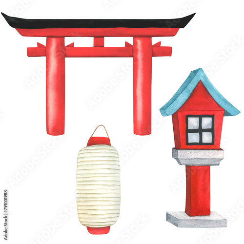 Japanese Paper Lantern, traditional Red Wooden Lantern and Torii Gate. Hand drawn Watercolor illustration. Japanese architecture and religion concept Landscape design element of national Japan, China