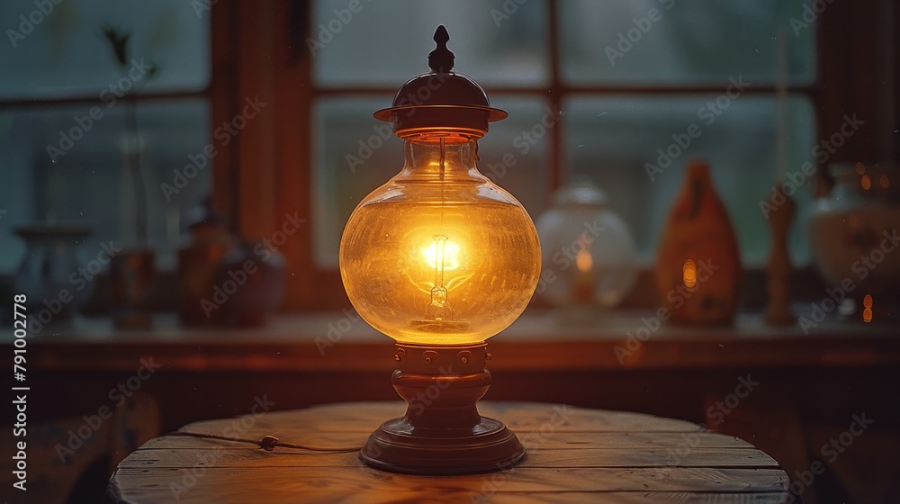 Antique oil lamp glowing warmly on a rustic table by a window with plants