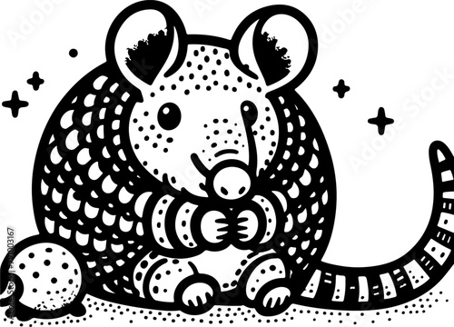 Armadillo black outline children coloring book illustration.