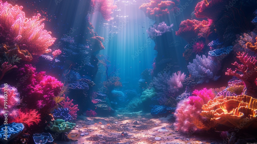 Vibrant underwater coral reef ecosystem illuminated by sunlight - obrazy, fototapety, plakaty 