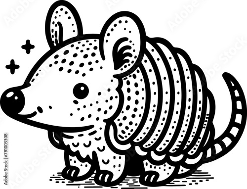 Armadillo black outline children coloring book illustration.