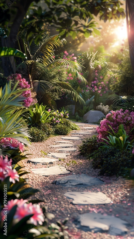 Visualize the enchanting blend of nature and movement in a garden swing dance mystery, using CG 3D rendering for a photorealistic portrayal of resin art pathways