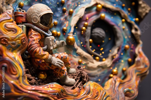 Capture the essence of imagination with a unique clay sculpture featuring an astronaut, a mischievous goblin, and a swirling blackhole amidst a colorful galaxy cluster The amber accents bring out the photo