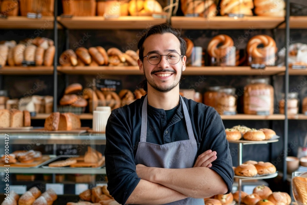 Proud Bakery Owners Posing in Their Artisan Bread Store. Generative ai