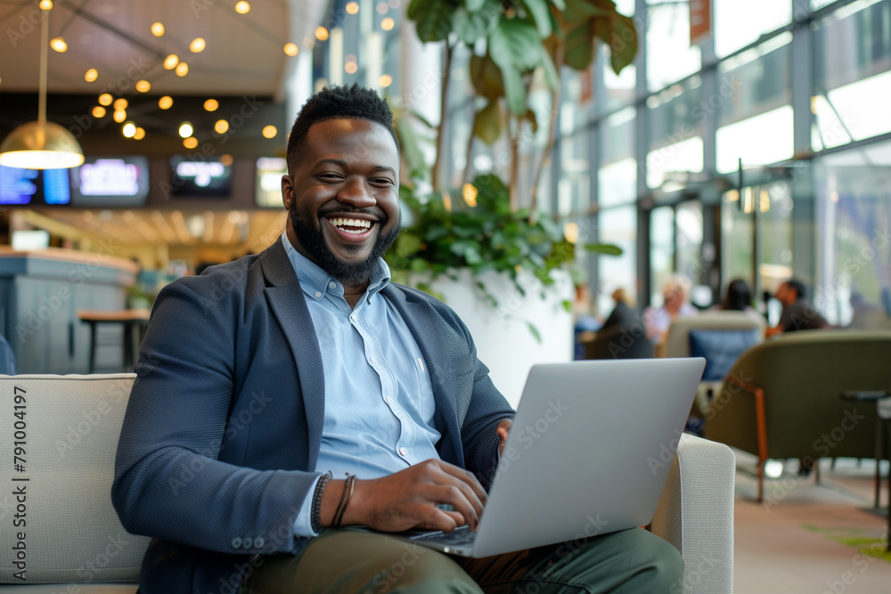 Black, African American man, businessman working on a laptop in a hotel lobby, waiting for someone, smiling Black, African American man, businessman working on a laptop in a hotel lobby, waiting for someone, smiling