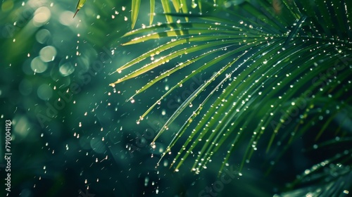 Rain-soaked palm leaves rustling in the wind, with droplets cascading down like tears of joy. photo