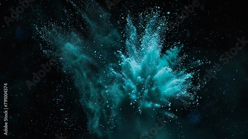 blaue Farbexplosion vor dunklem Hintergrund, rauchender Knall, Explosion aus Pulver photo