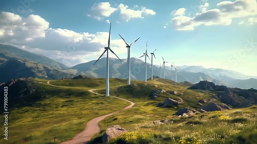 row of wind turbines are on a hillside with a path leading to them, wind energy concept
