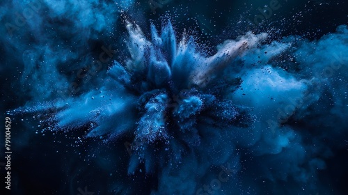 blaue Farbexplosion vor dunklem Hintergrund, rauchender Knall, Explosion aus Pulver photo
