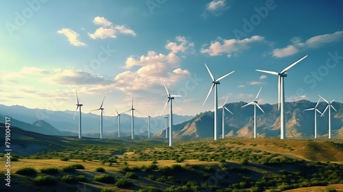 large field with many wind turbines in the background, wind energy concept