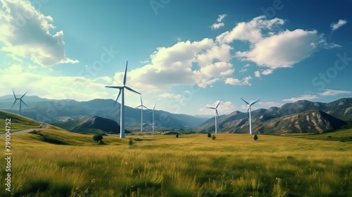 field of wind turbines is shown in the distance, wind energy concept