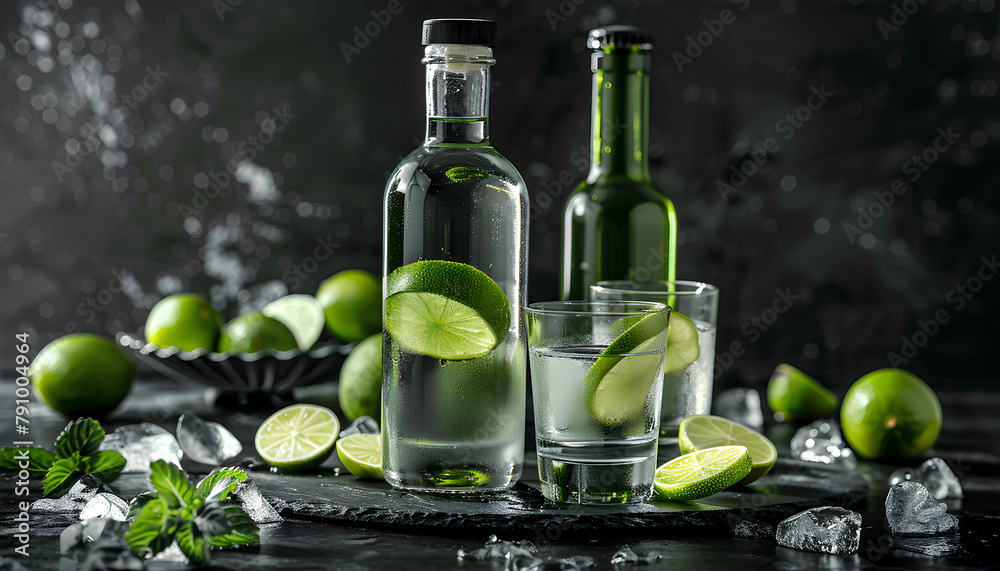 Bottle and glasses of vodka with lime on black background Bottle and glasses of vodka with lime on black background