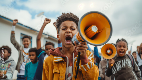 African American boy screaming into a megaphone, loudspeaker, more black kids behind him, teenage activists photo