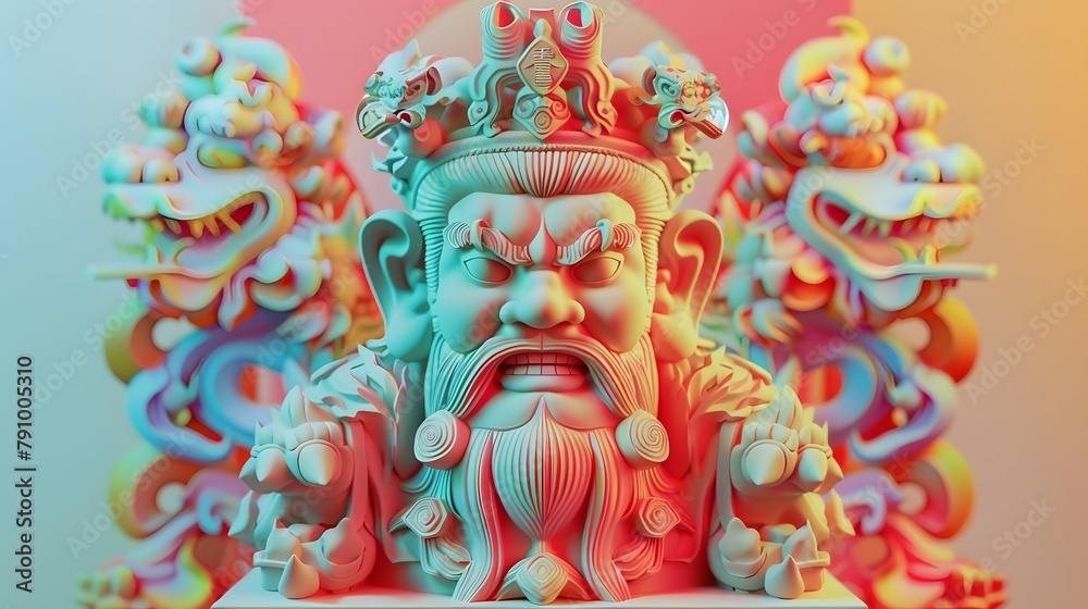 Fototapeta premium Statues of Chinese gods, atmosphere, pop art, synthwave 80's in art design.