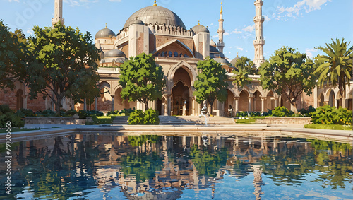 Mosque with reflecting pool on a bright sunny day