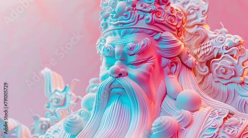 Statues of Chinese gods, atmosphere, pop art, synthwave 80's in art design.