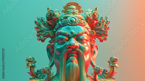 Statues of Chinese gods  atmosphere  pop art  synthwave 80 s in art design.