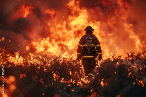 Firefighter walking through field of flames