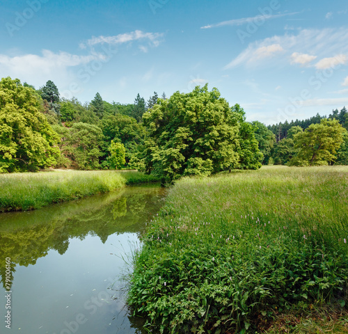 Summer landscape with canal and grassland.