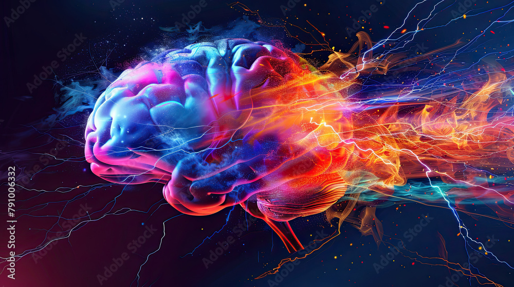 Human brain with neuroses in action with lightning Human brain with neuroses in action with lightning