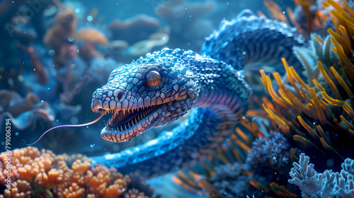 A playful sea serpent dances among coral reefs