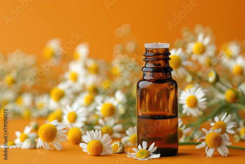 bottle of Chamaemelum nobile oil surrounded by daisies