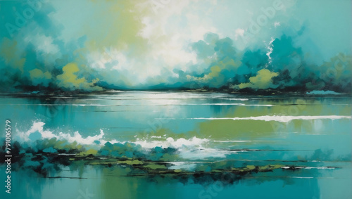 Tranquil Panoramic Scene, Turquoise and Green Hues Interplay in Abstract Water and Oil Composition.
