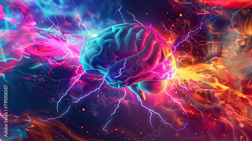 Human brain with neuroses in action with lightning photo