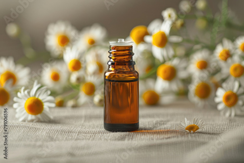 bottle of Chamaemelum nobile oil surrounded by daisies photo