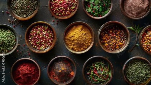 Vibrant array of colorful Indian spices arranged in rustic bowls  evoking the essence of traditional cuisine.