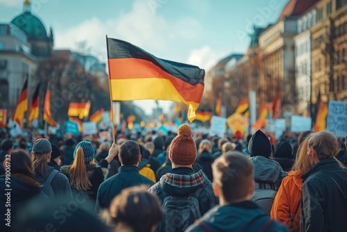 germany Large crowd at protest backgroun dholding placard marching against german government's planned pension reform to push the retirement age dissatisfied with politics and laws a flag in his hands