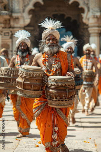 Group of men in orange outfits carrying drums at hampi festival