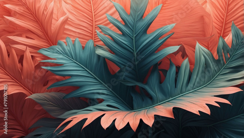 Tropical Leaf Texture Background with Abstract Design, Radiating Warm Coral Shades.