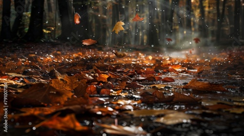 Wet autumn leaves strewn across a forest floor, illuminated by the soft light of a rainy day.