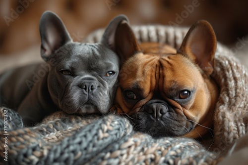 Two dogs laying together on bed © yuliachupina