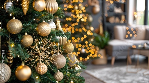 Close up of a Christmas tree adorned with old fashioned ornaments and golden lights surrounded by modern decorations in a festive setting