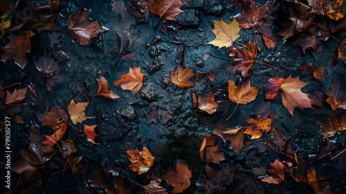 Wet autumn leaves strewn across a forest floor, illuminated by the soft light of a rainy day.