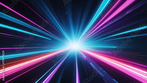 Velocity of Light, Abstract Background Featuring Digital Lights, Neon Rays, and Futuristic Lines.
