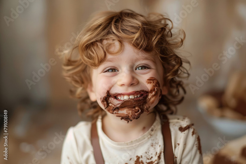 Boy child eating chocolate with dirty mouth