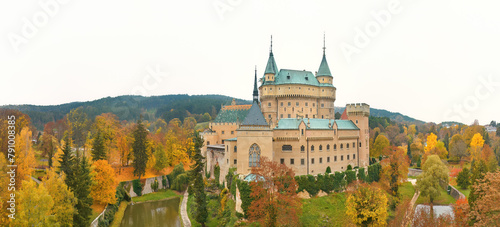 Ideal for Poster project: Panoramic View of Bojnice Castle in Vivid Fall Colors against white background, UNESCO Heritage, Slovakia.