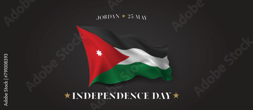 Jordan independence day vector banner, greeting card. Jordanian wavy flag in 25th of May patriotic holiday horizontal design with realistic flag