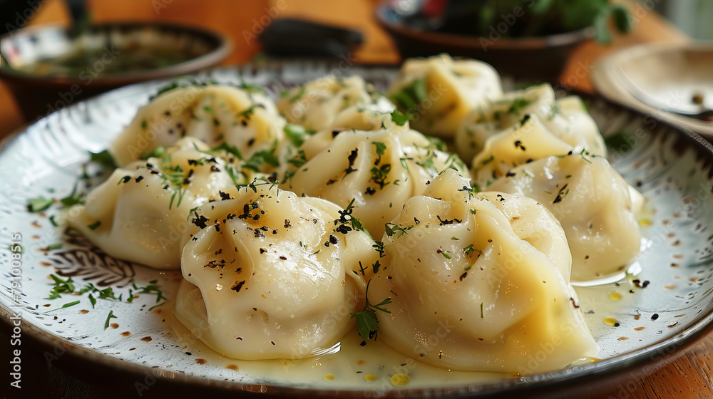 Very tasty manti left on a plate, sprinkled with herbs