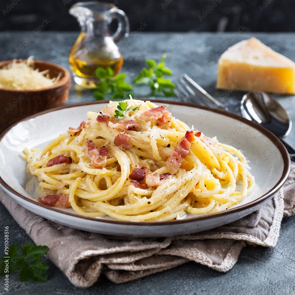 Comfort Food Heaven: Hot Pasta Carbonara Bursting with Bacon, Egg, Pepper, and Cheese Comfort Food Heaven: Hot Pasta Carbonara Bursting with Bacon, Egg, Pepper, and Cheese