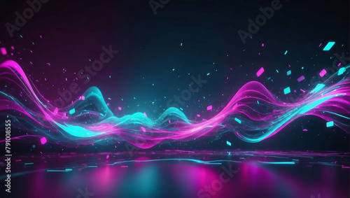 Vibrant 3D visualization, Abstract cyan-magenta neon background. Speed of light, motion-blurred lines, and bokeh lights.