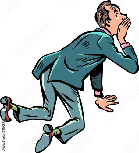 A man in a suit is squatting and whispering something. Transmit personal data and security issues in confidence. Interesting secret information is transmitted.