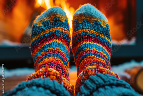 Feet in woollen socks near Christmas fireplace photo
