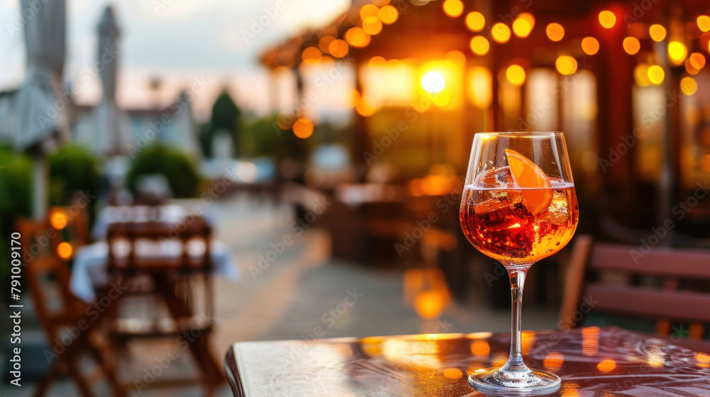 Aperol Spritz cocktail on summer restaurant patio, sunset